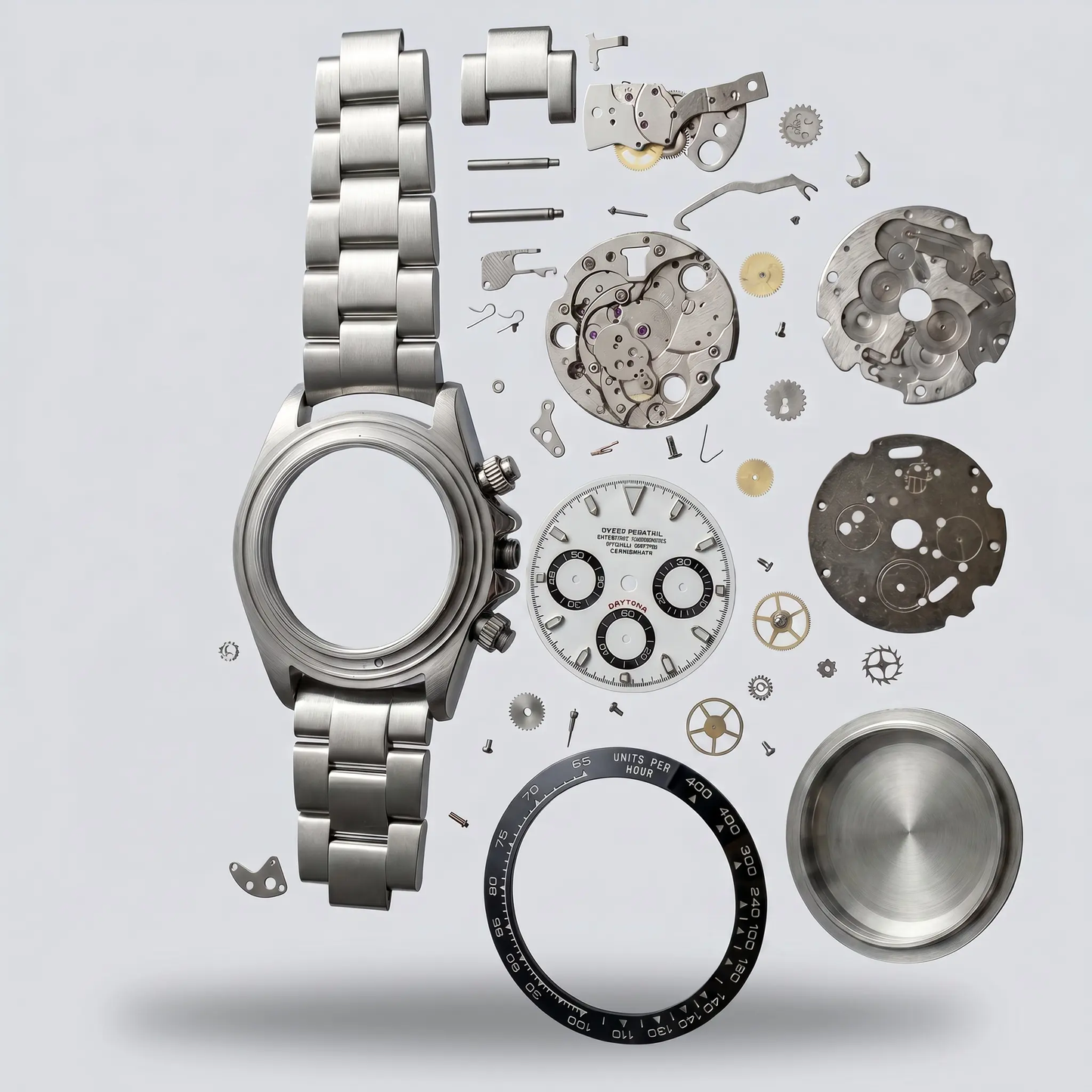 Timepice Craft Watch with its components on a light gray background