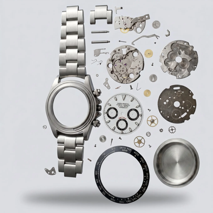 Timepice Craft Watch with its components on a light gray background