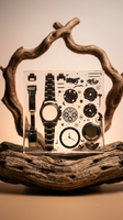 Decorative display of watch parts on a wooden stand with a neutral background