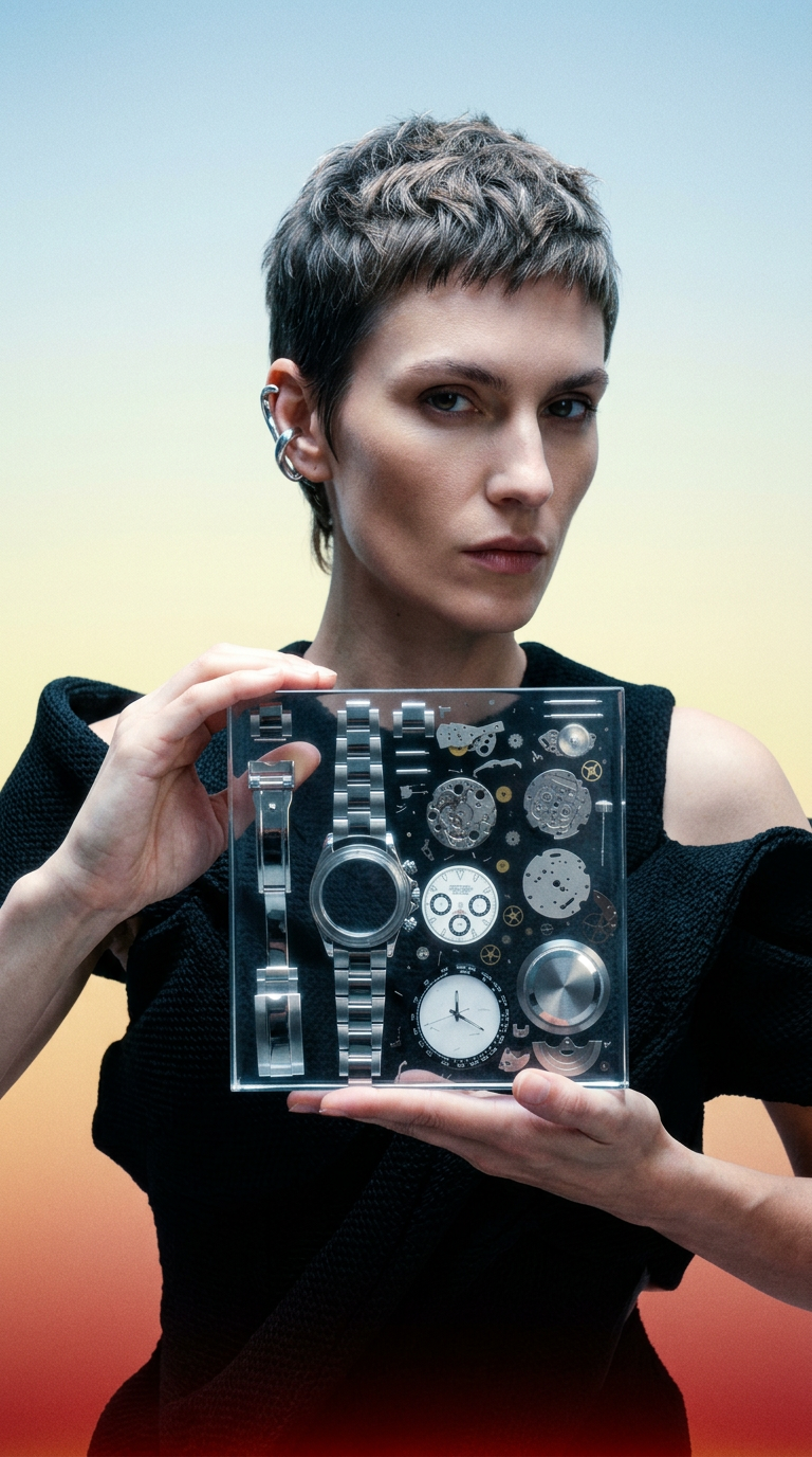 Woman holding a transparent box with mechanical components against a gradient background